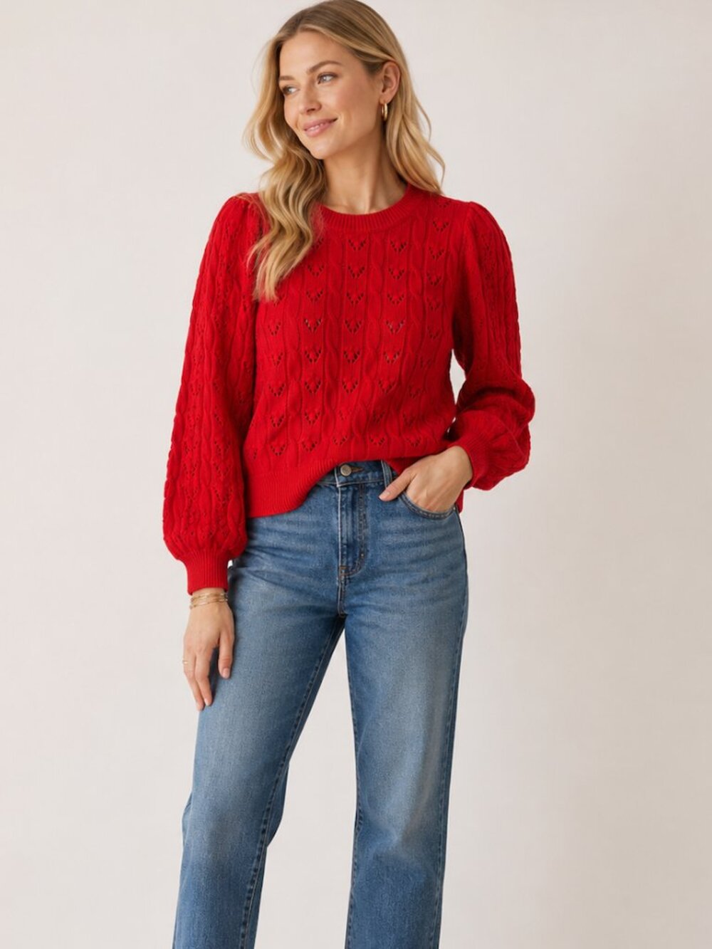 LOFT Heart Pointelle Cable Knit Puff Sleeve Sweater Red Openwork Size XL